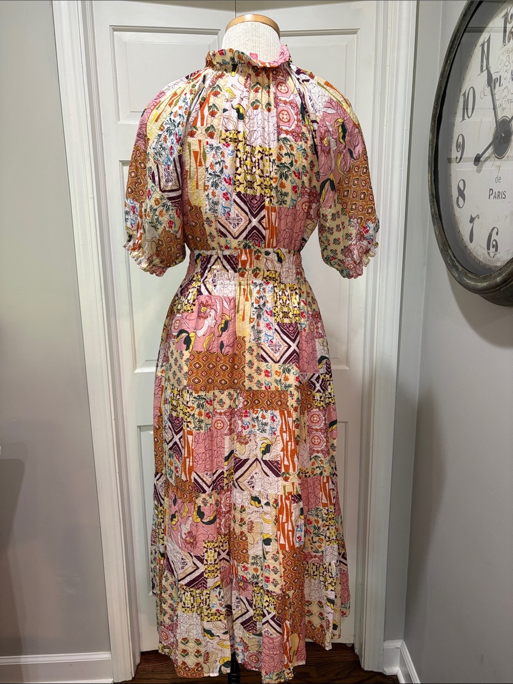 THML sz S midi to maxi patchwork tiered dress with puff sleeve and ruffle neck - Picture 6 of 9